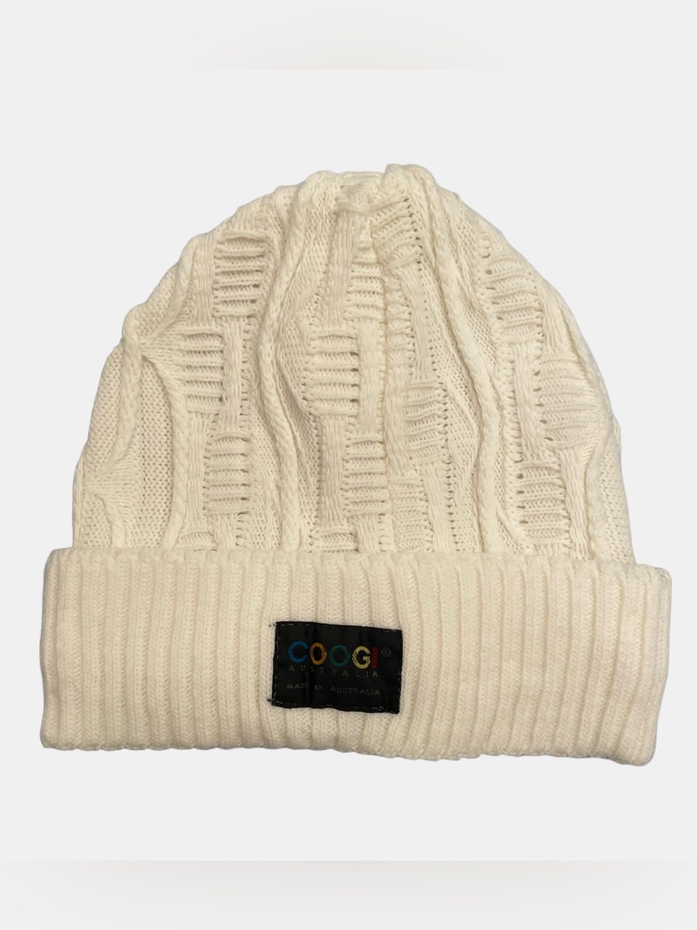 Vintage COOGI Ivory White 3D Cable Textured Skully Knit Hat Beanie RARE COLOR